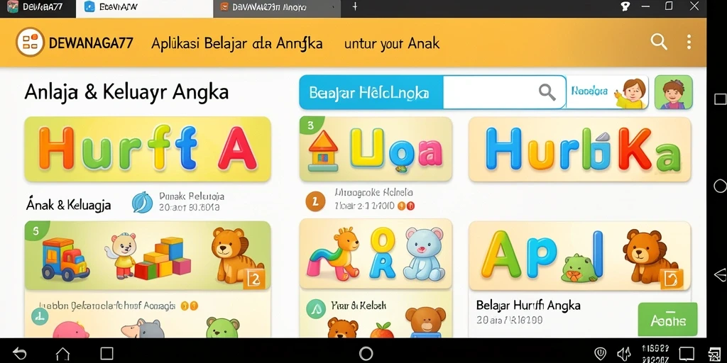 Antarmuka DEWANAGA77 yang ceria dan interaktif untuk belajar huruf dan angka.